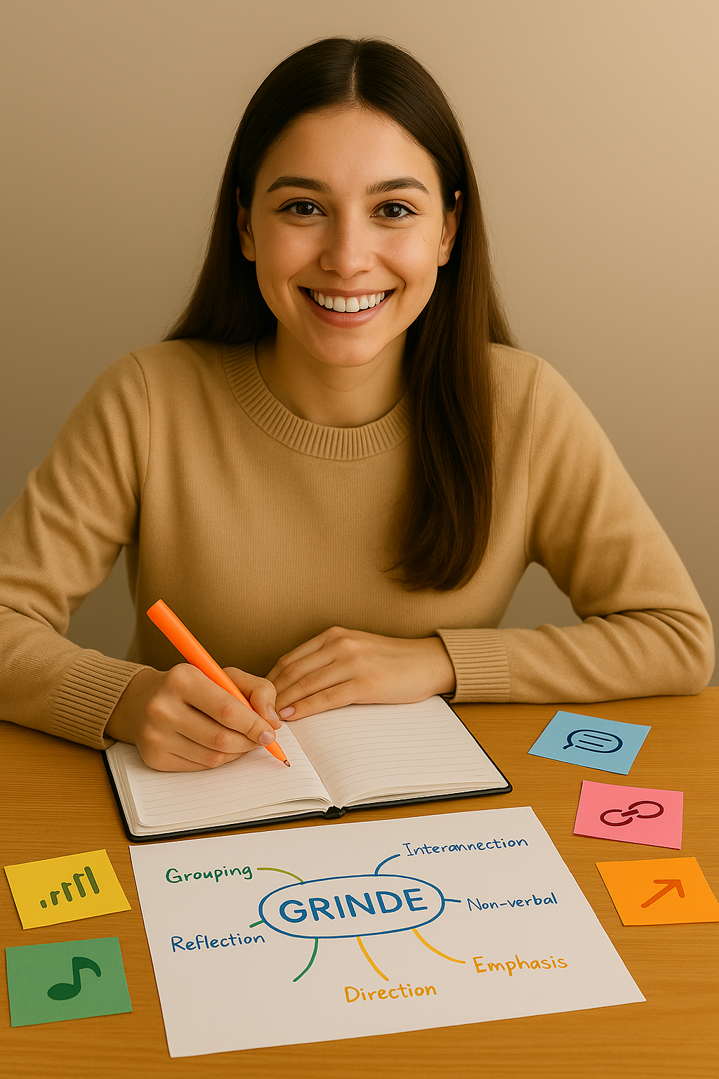 image showing a female student using the GRINDE study method to create a mind map that is based on grouping, reflection, interconnection, non-verbal, direction, and emphasis
